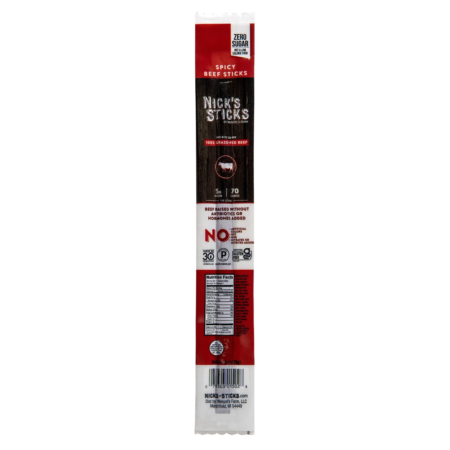 Nicks Sticks Clean & Balanced 100% Grass-Fed Spicy Beef Snack Sticks | Made In The Usa | Gluten Free | Paleo, Keto, Whole30 Approved | No Soy,  S Or  S (12 –.9 Oz Packages Of 1 Stick)