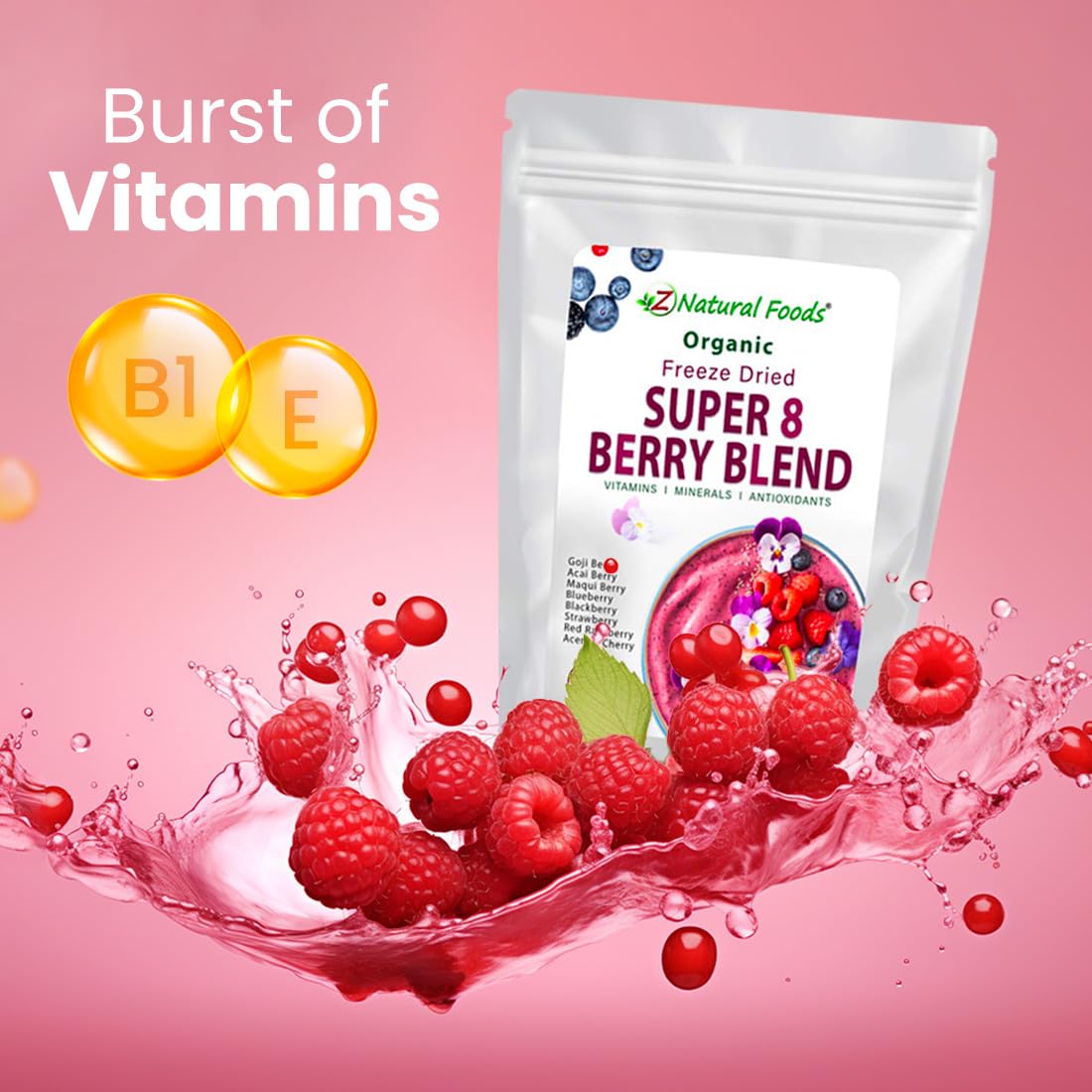 Z Natural Foods Super 8 Berry Blend - Organic Freeze Dried Berry Powder, Fruit Superfood Powder - Delicious Powdered Fruit Berry
