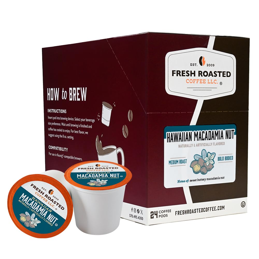 Fresh Roasted Coffee, Hawaiian Macadamia Nut, Flavored Coffee Pods, K-Cup Compatible, 24 Count