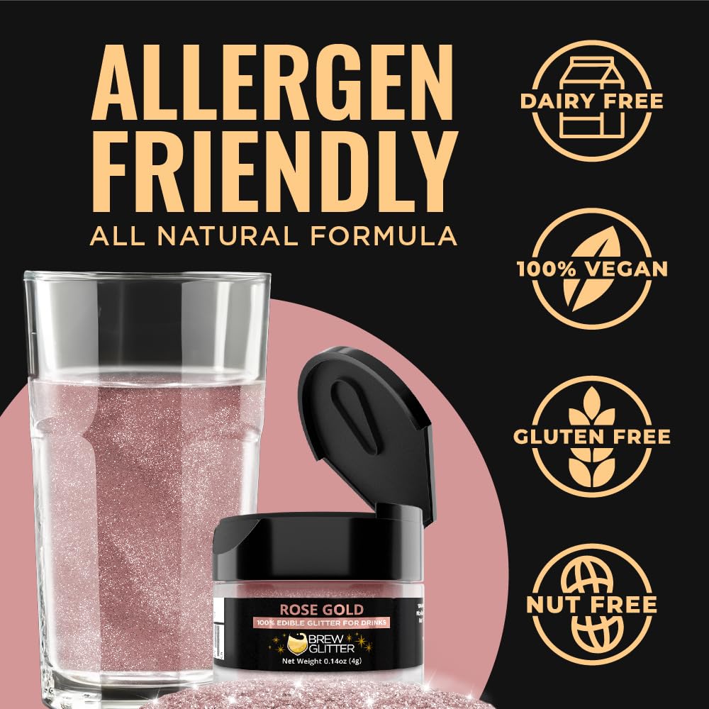 Bakell Brew Glitter - Edible Glitter for Beverages, 4g Shaker Jar, Rose Gold