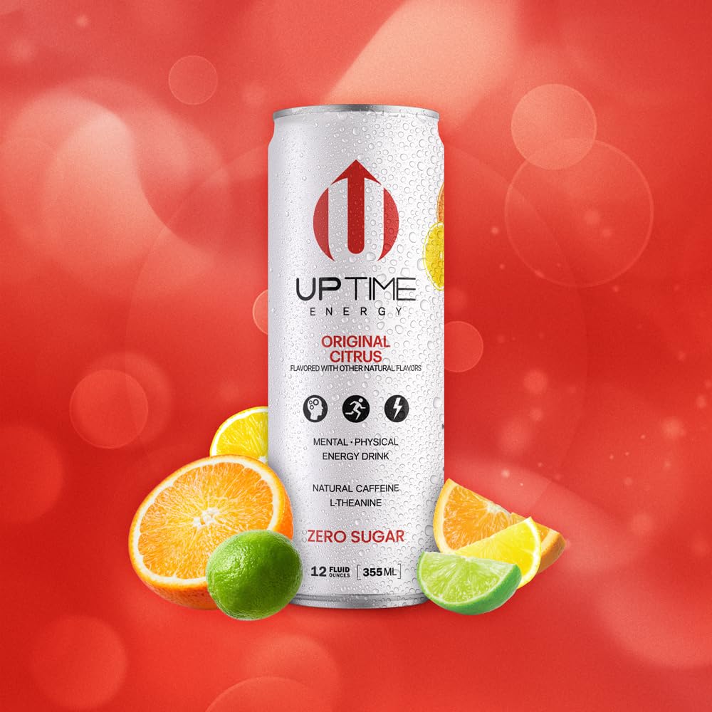 UPTIME Energy Drink, Original Citrus, Sparkling, Sugar Free, 12 Pack, 12 Fl Oz Cans, 142mg Caffeine, Orange