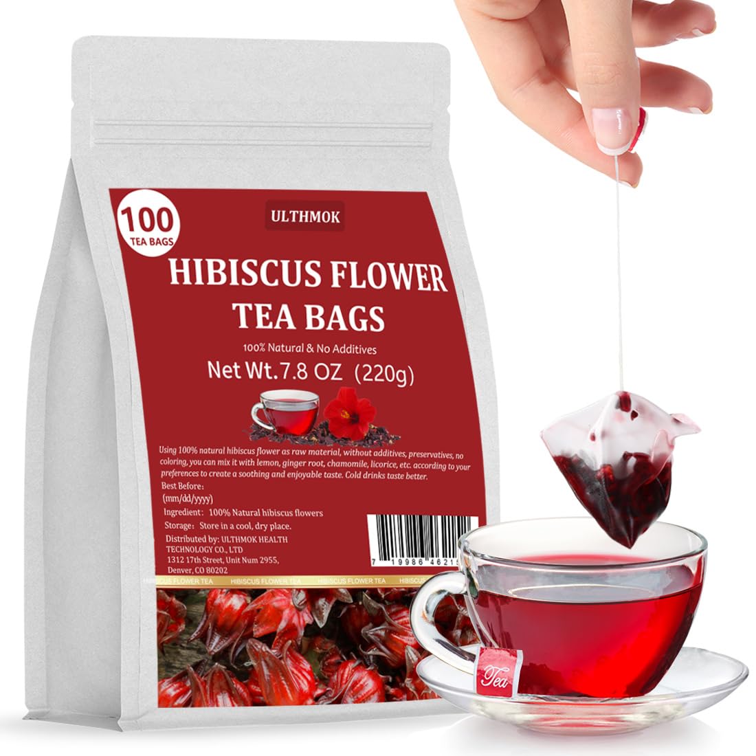 ULTHMOK Premium Hibiscus Tea Bags - 100% Pure Dried Hibiscus Flower, Caffeine Free, 100 Count