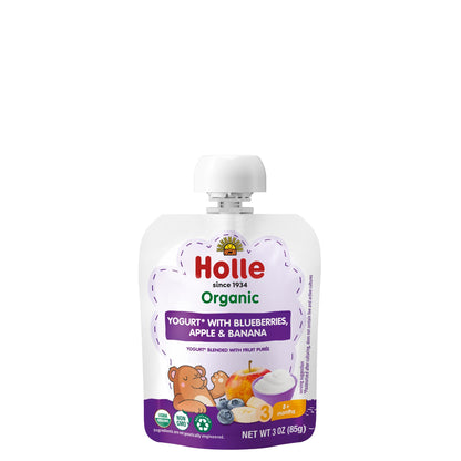 Holle Baby Yogurt Pouches - Organic Yogurt with Blueberry, Apple & Banana Fruit Pur  e - Drinkable Pouches for Kids & Babies 8 M