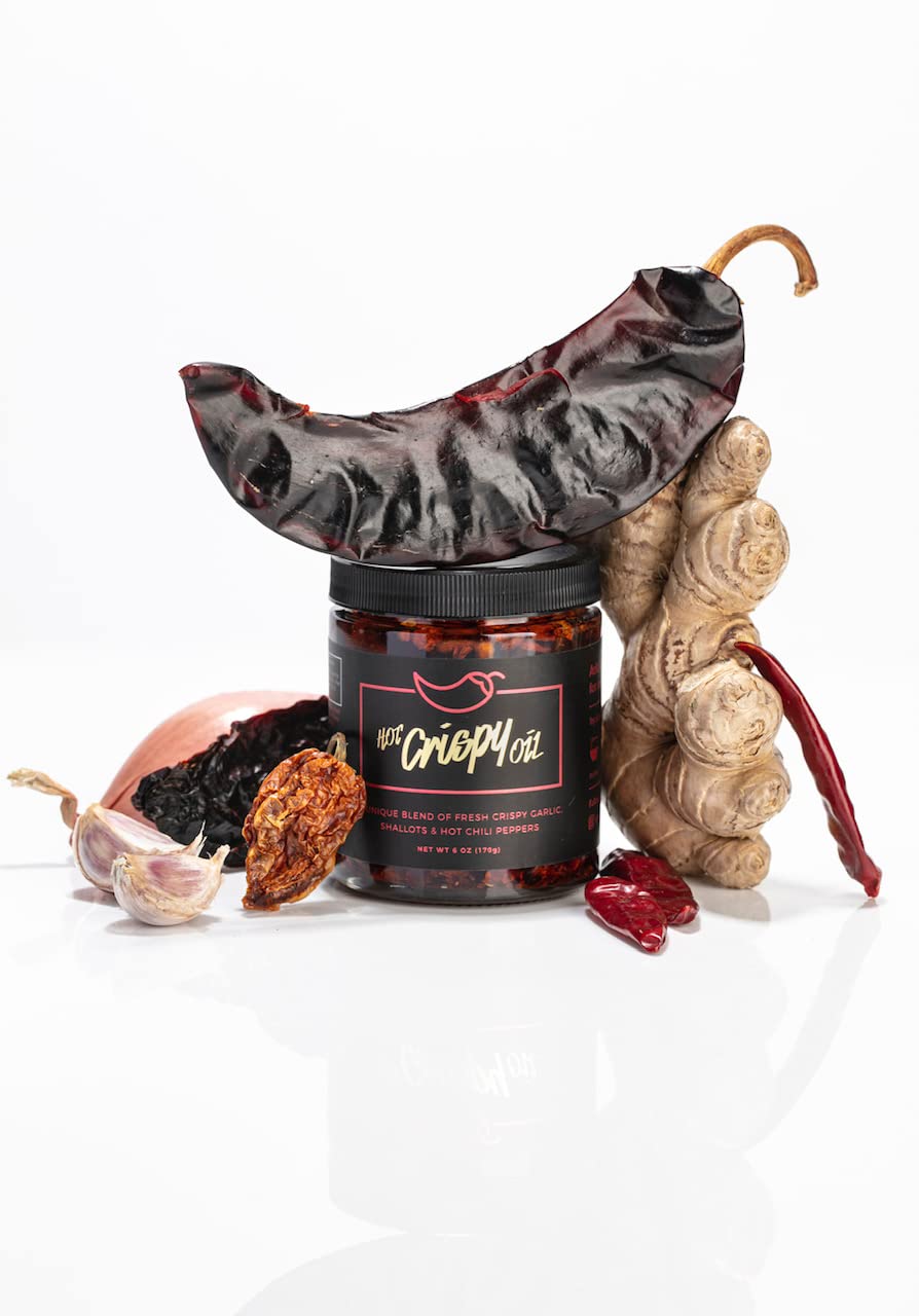 Hot Crispy Oil, An all natural unique blend of fresh fried shallots, fresh garlic and a proprietary blend of three different chi