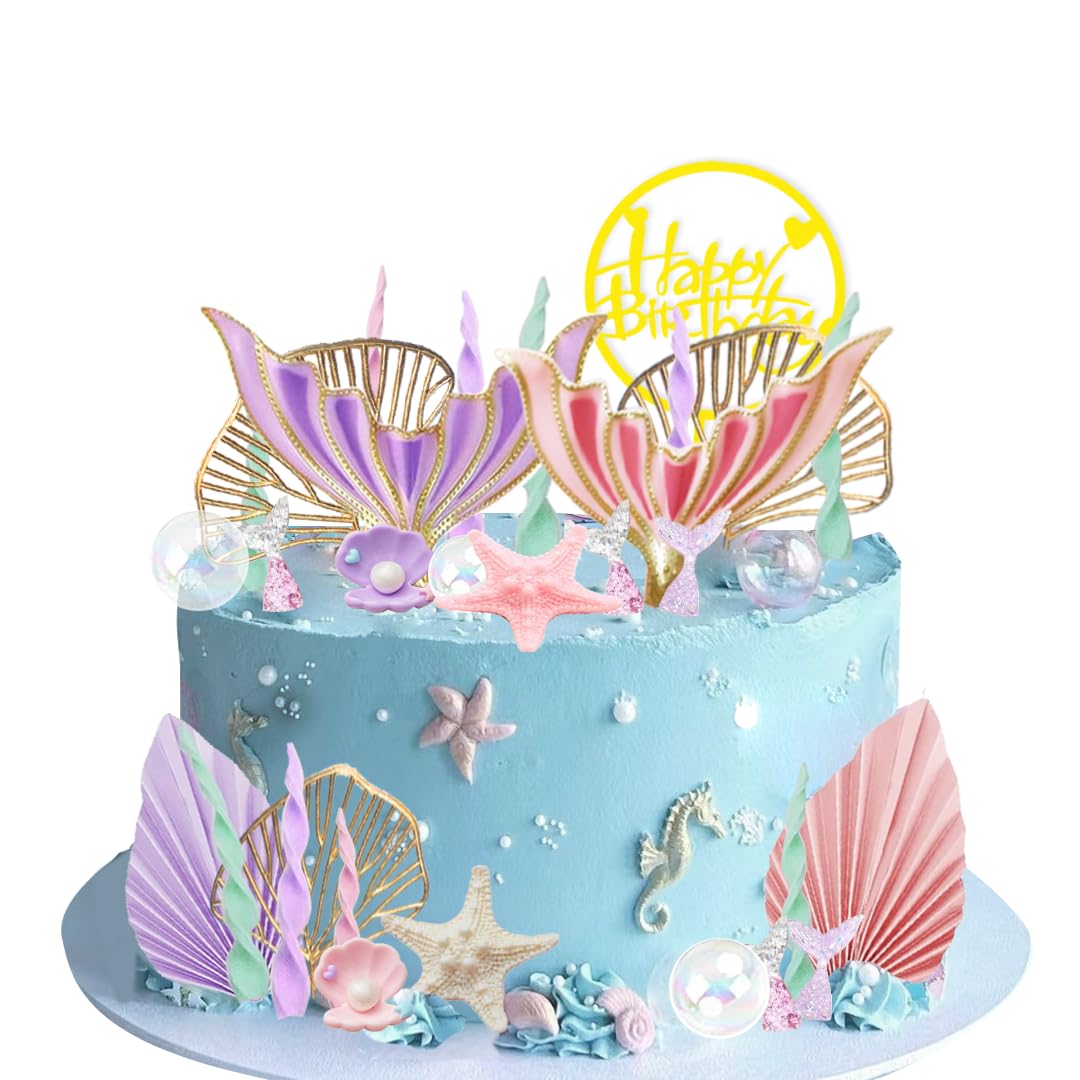 Mermaid Cake Topper Big Mermaid Tails Seaweed Bubbles Shells And Golden Ginkgo Leaves Cake Set For Mermaid Under The Sea Cake De