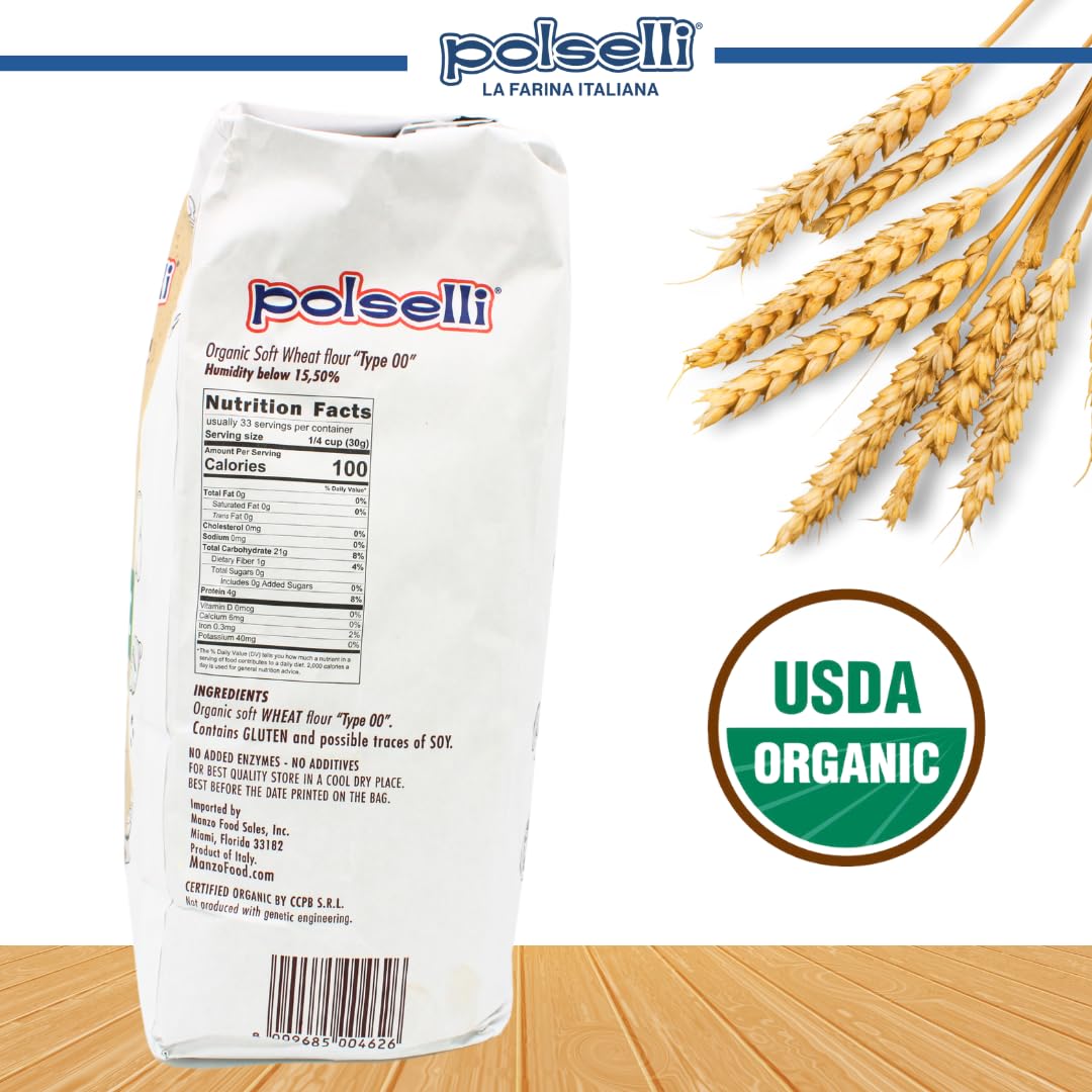 Polselli Organic Flour, Type 00, 100% Italian Grain, Double Zero Flour, Oo Extra Fine, Bio, Neapolitan Italian Pizza, Bread, Pas