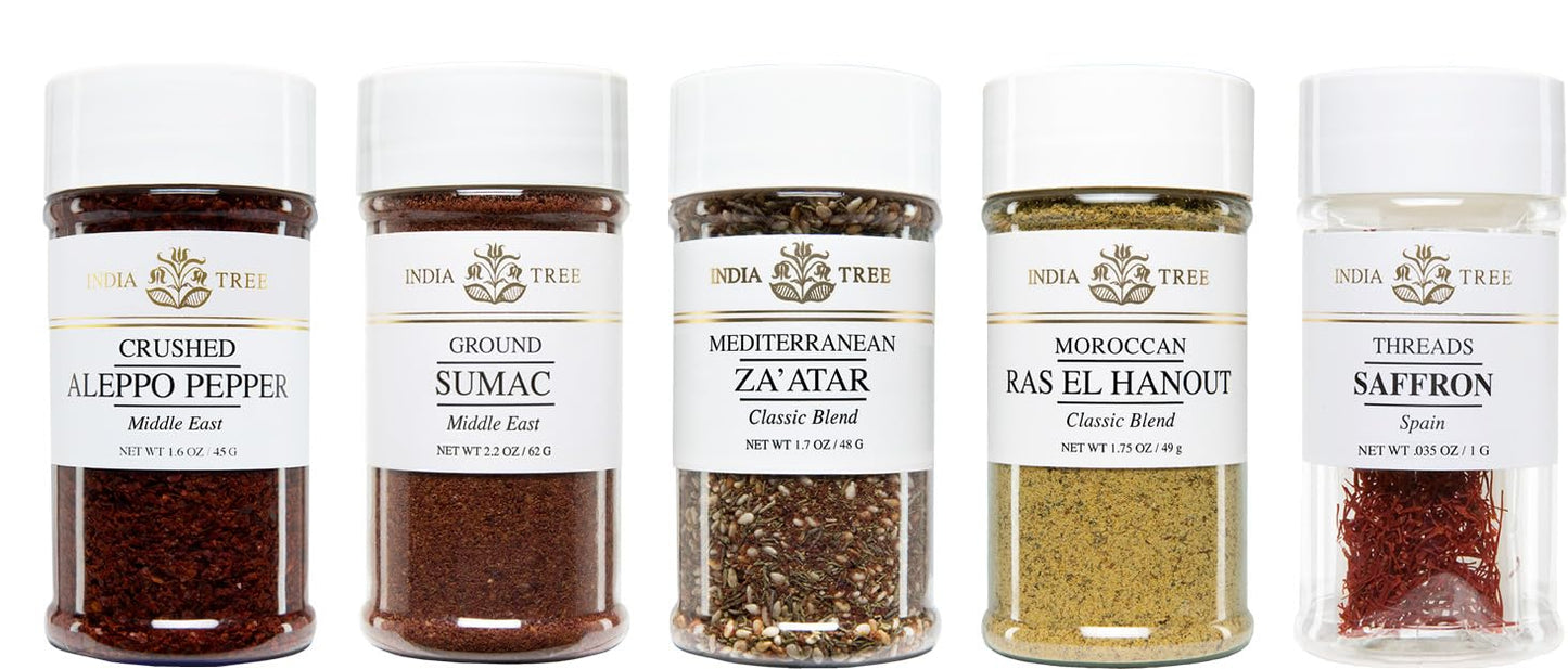 India Tree Mediterranean Spice Gift Pack - Aleppo Pepper  Sumac  Zaatar  Ras El Hanout  and Saffron - 7.37 Ounces Total