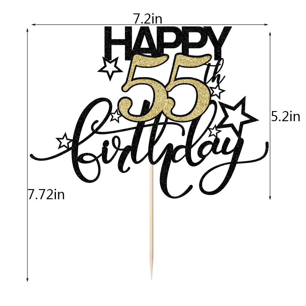 Bekaterea Happy Birthday Cake Topper,Black Font Golden Numbers 55Th Birthday Cake Decoration,Hello 55, Cheers To 55Years/55Th An