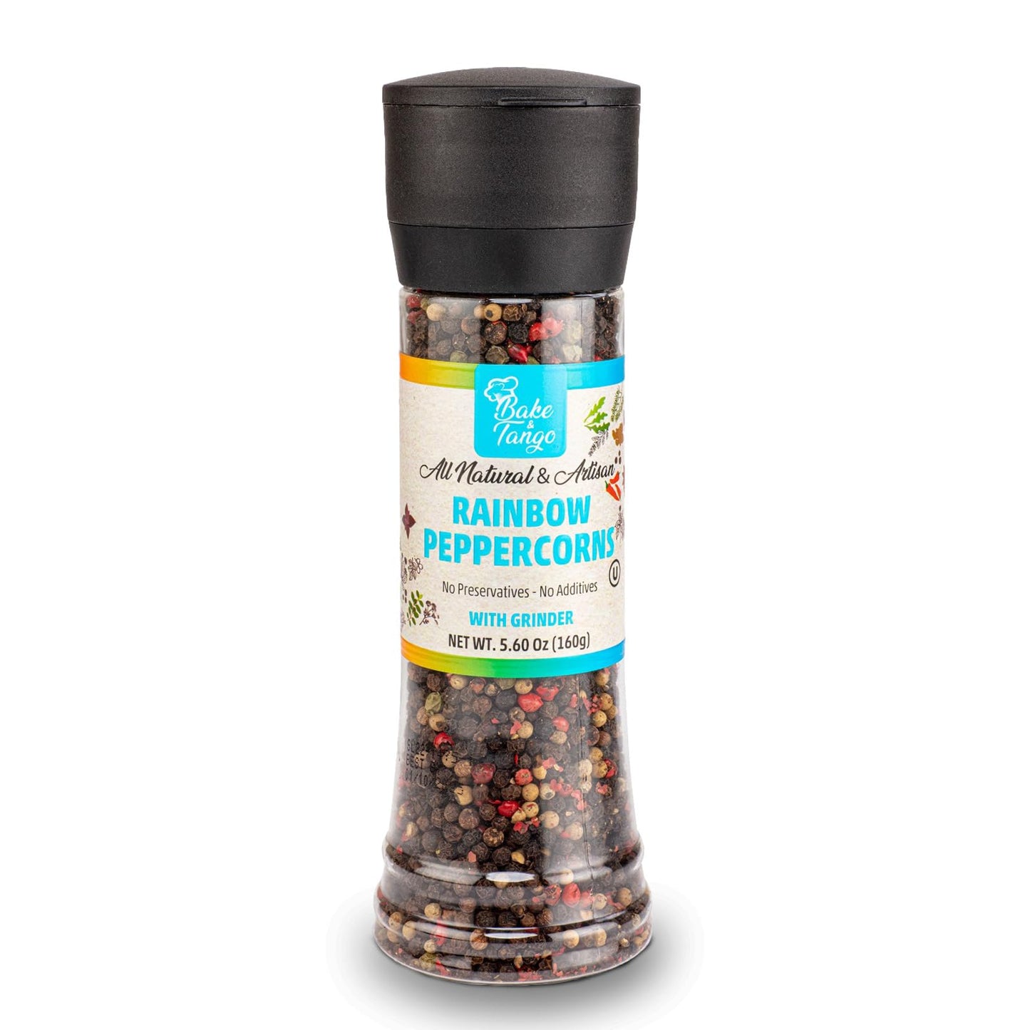 Bake and Tango Rainbow Peppercorns with Grinder - All Natural, No Additives, Freshly Ground Spice Blend, 5.6oz - Perfect for Coo