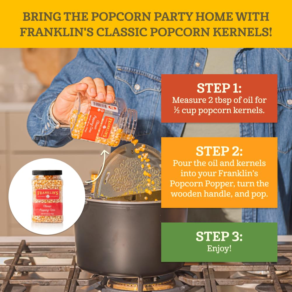 Franklins Gourmet Popcorn 28oz Tub Classic Popcorn Kernels for Popping - Made in USA, Non-GMO & All-Natural - Old Fashioned Unpo