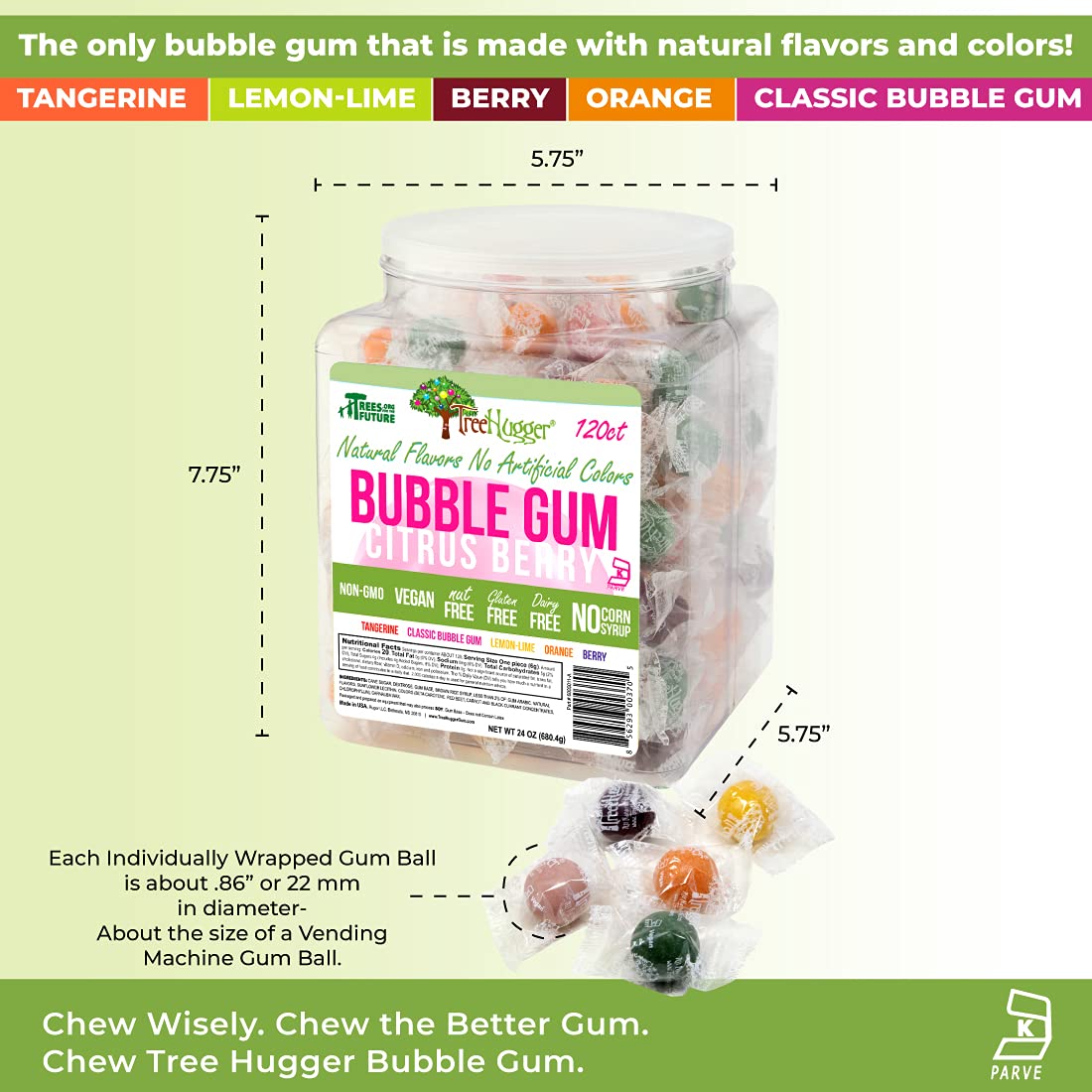 Tree Hugger Bubble Gum, Citrus Berry, Natural Flavors, No Artificial Colors, 120 Count Tub