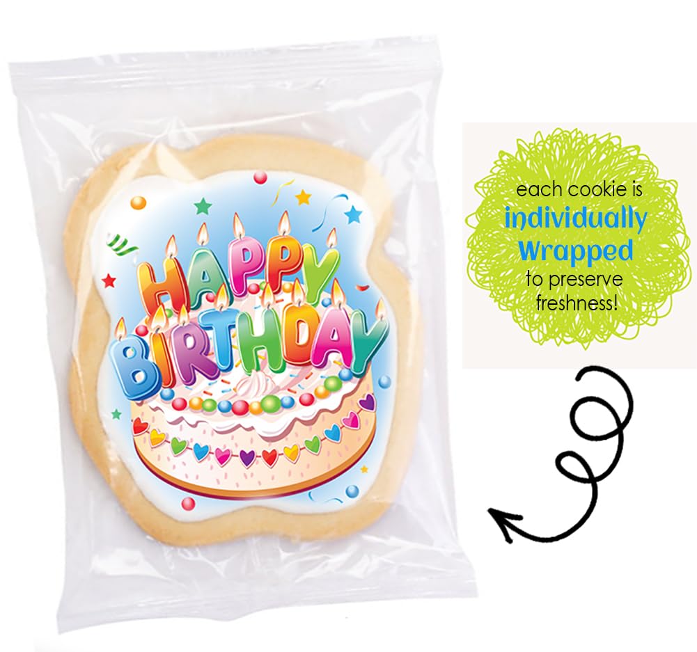 Happy Birthday Cookies Decorated Gift Basket Large 6 Pack | Individually Wrapped Sugar Cookie Jumbo With Icing Cake Party | Nut-Free Kosher