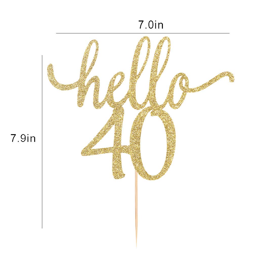 Sodasos Golden Glitter Hello 40 Cake Topper - Cheer To 40Th Years - 40 And Fabulous Cake Topper - Wedding Anniversary Party Sign