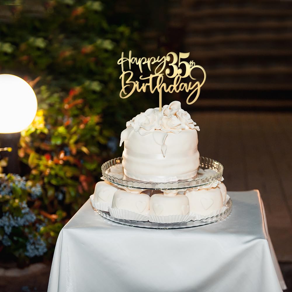 Bekaterea Happy 35Th Birthday Cake Topper, Mirrored Gold Acrylic Durable Party Decorations, Hello Years Old, Birthday, Decoratio