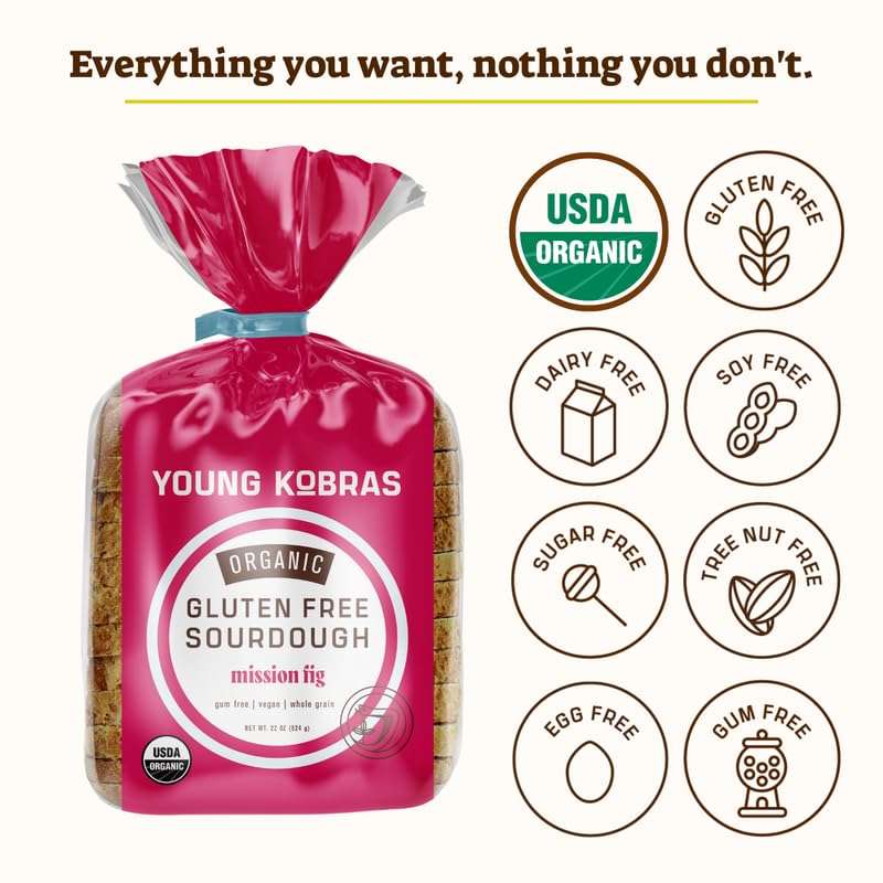 Young Kobras Organic, Gluten-Free Fig Sourdough Bread 22Oz (4-Pack) - Allergen Friendly, Vegan, Gum-Free, Simple Ingredients & M