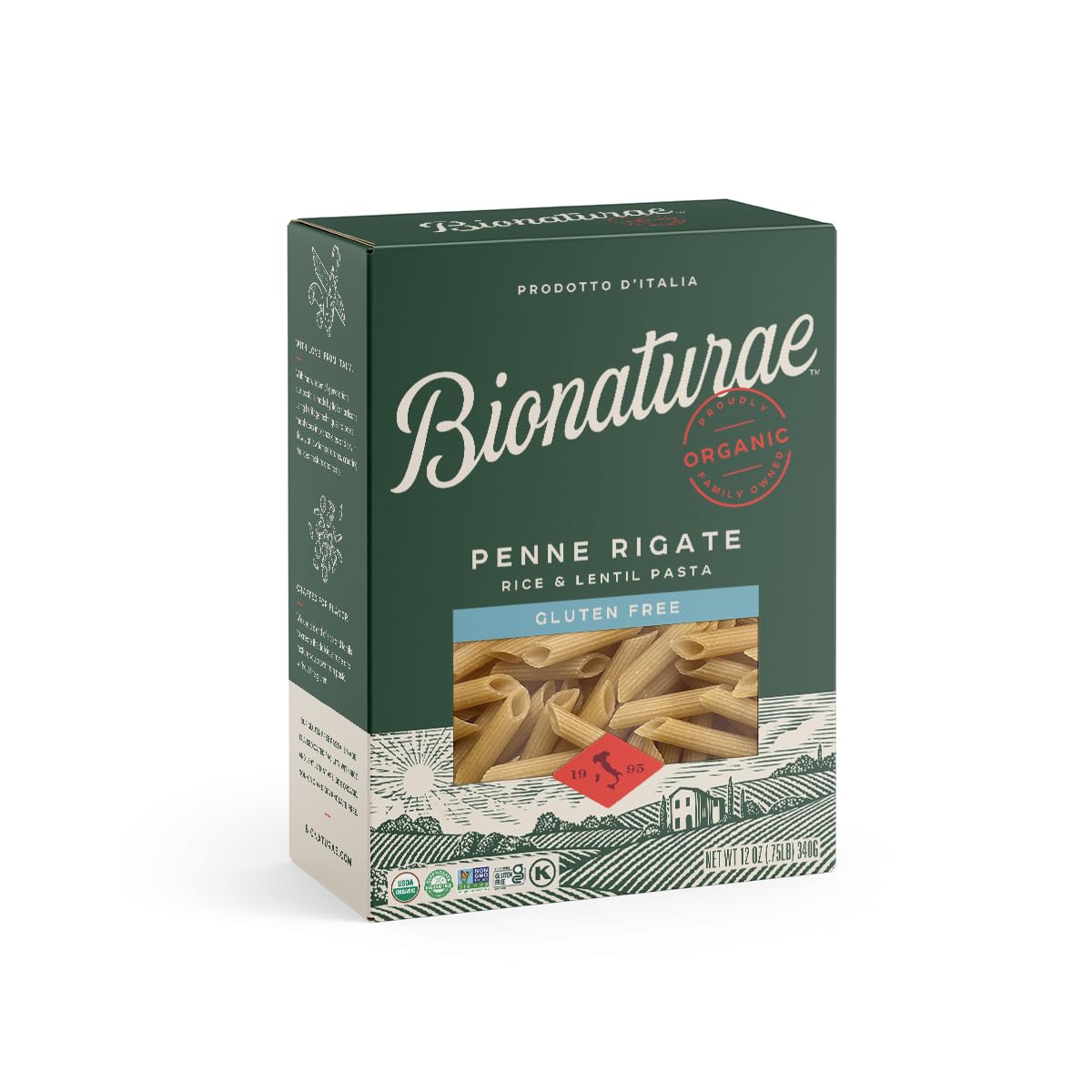 Bionaturae Penne Rigate Pasta Noodles - Gluten Free Pasta Organic, Rice & Lentil Pasta, Kosher Certified, High Protein, Non-GMO 