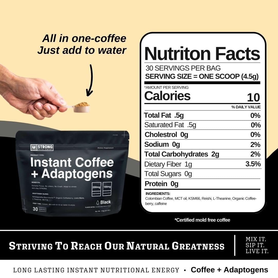 Strong Coffee Company, Instant Black Coffee - 30 Servings, Extreme Focus, Adaptogen Coffee, No Jitters, No Crash