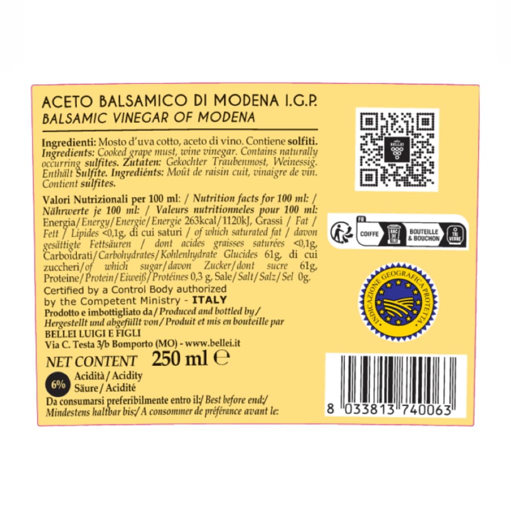 Bellei - Balsamic Vinegar of MODENA IGP Precious Yellow    - Rich and Enveloping, Density 1.24 Gluten-Free - 250 ml / 8.45 fl oz