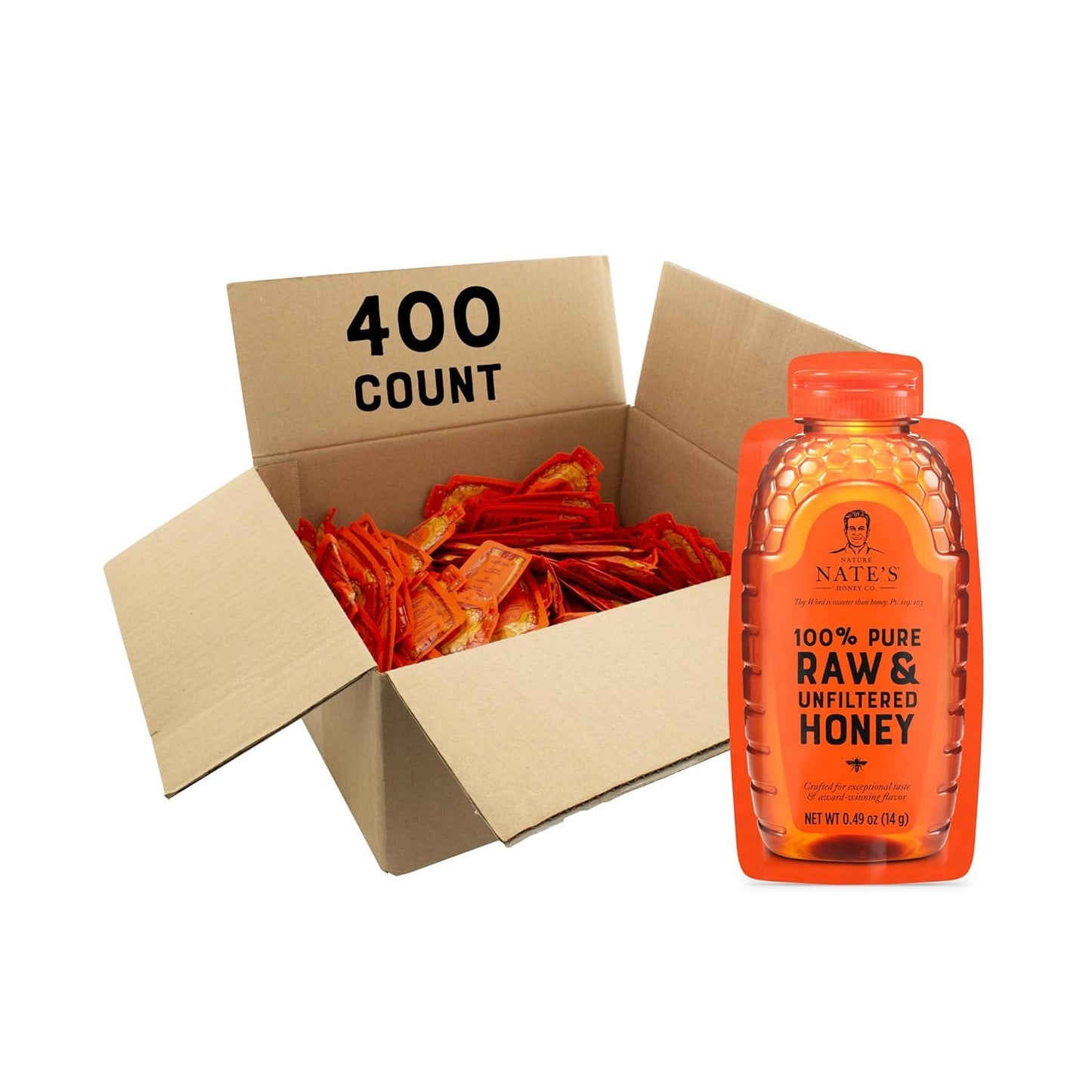 Nates Bulk 400ct Honey Minis - Single-Serve 100% Pure  Raw & Unfiltered Honey - 0.49oz Packets  400ct box