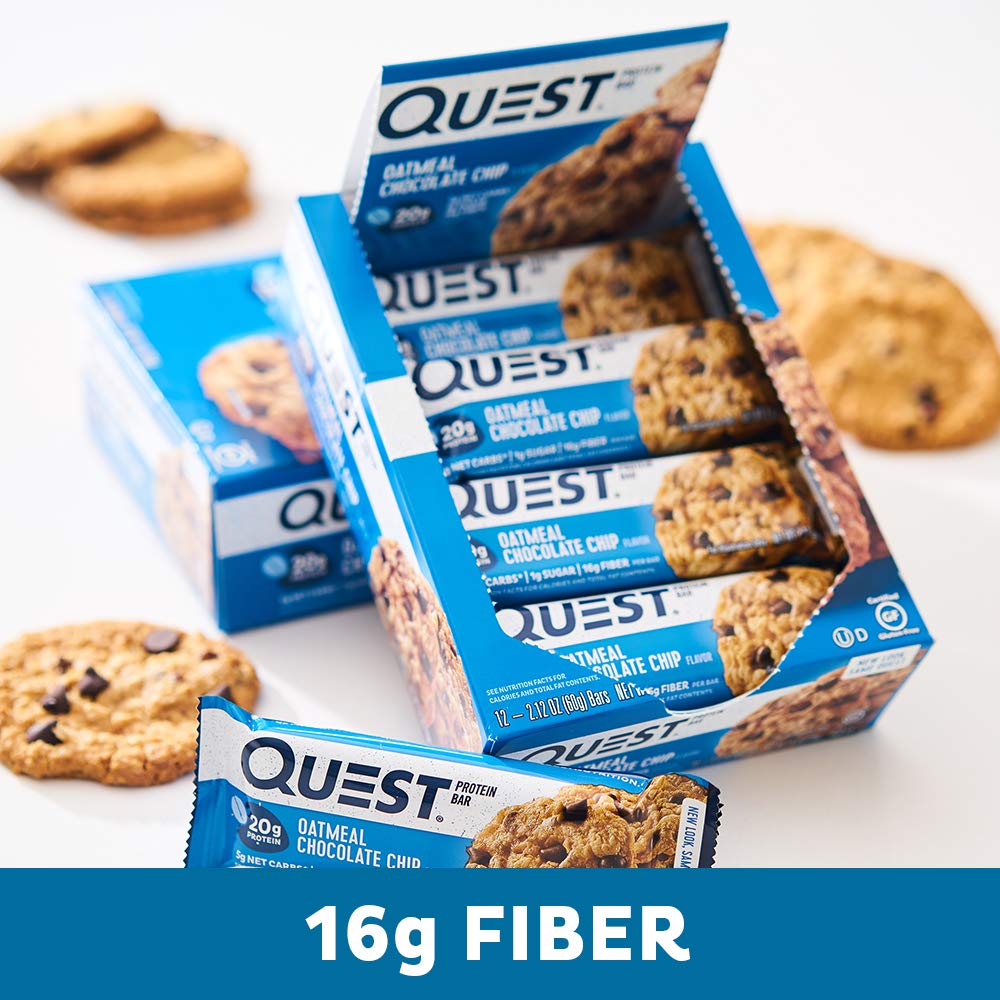 Quest Nutrition Oatmeal Chocolate Chip Protein Bars, 20G Protein, 1G Sugar, 5G Net Carb, Gluten Free, Keto Friendly, 12 Count