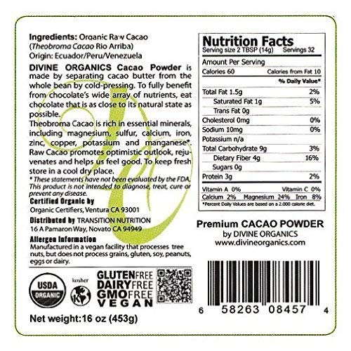 Divine Organics Raw Cacao Powder/Raw Cocoa Powder - Certified Organic - Premium Rio Arriba - Smoothies, Hot Chocolate, Baking, S