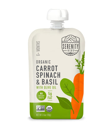 Serenity Kids 6+ Months Veggie Puree Baby Food Pouches - Carrot, Spinach & Basil - Usda Organic Baby Food & Allergen Free - No Added Sugar & Bpa Free - 3.5 Oz, 12 Pack