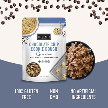 Safe + Fair Chocolate Chip Cookie Dough Granola - Gluten-Free, Dairy Free and Vegan Breakfast, Snack or Dessert - Free From Top
