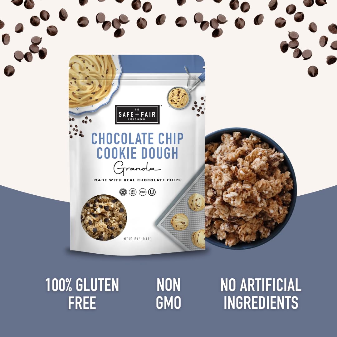 The Safe + Fair Food Company Chocolate Chip Cookie Dough Granola - Gluten-Free, Vegan, Allergen-Free - 12oz Pack, 6 Count Case