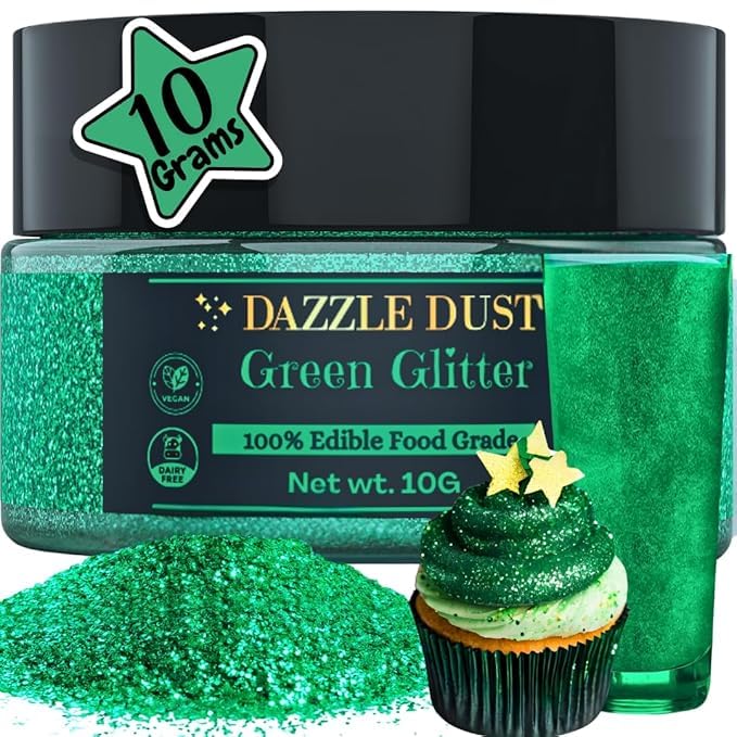 Dazzle Dust Edible Glitter Sprinkles For Cake Decorating  Drinks  Cookie  Icing  Dessert Decorations  Sparkly Luster  Food-Grade  Vegan  Gluten Free  Kosher  Bulk 10G  Green