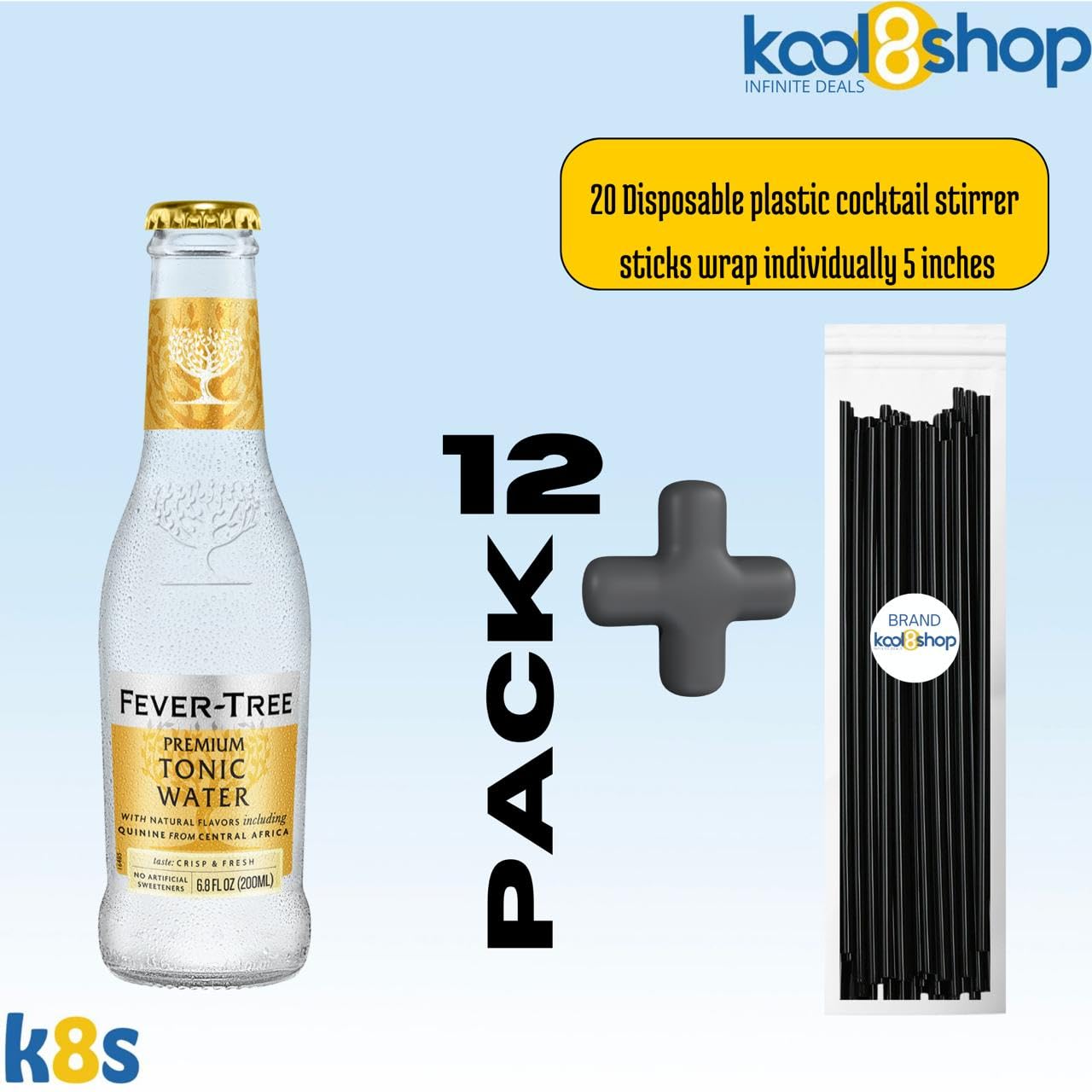 Fever-Tree Tonic Water Premium Cocktail Mixer, 6.8 Fl Oz (Pack of 12), Includes 20 Plastic Stirrer Sticks