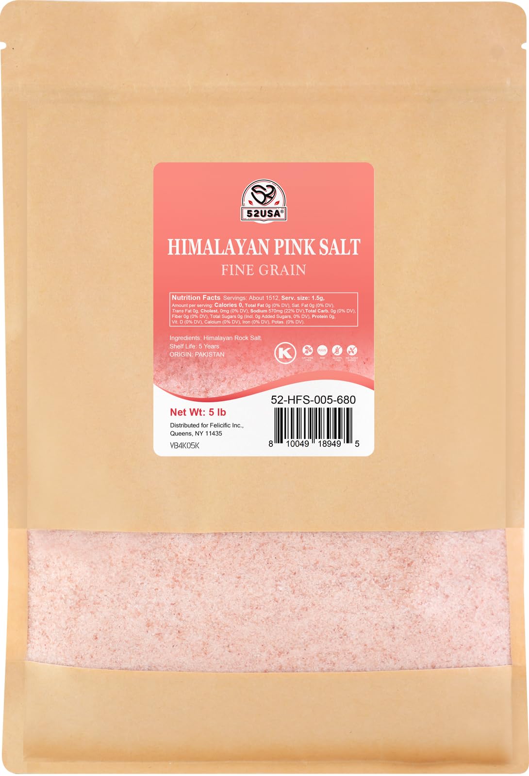 52USA Himalayan Pink Salt  Fine Grain  80 oz (5 Pound)  Pink Himalayan Sea Salt Fine  Kosher Salt  Rock Salt