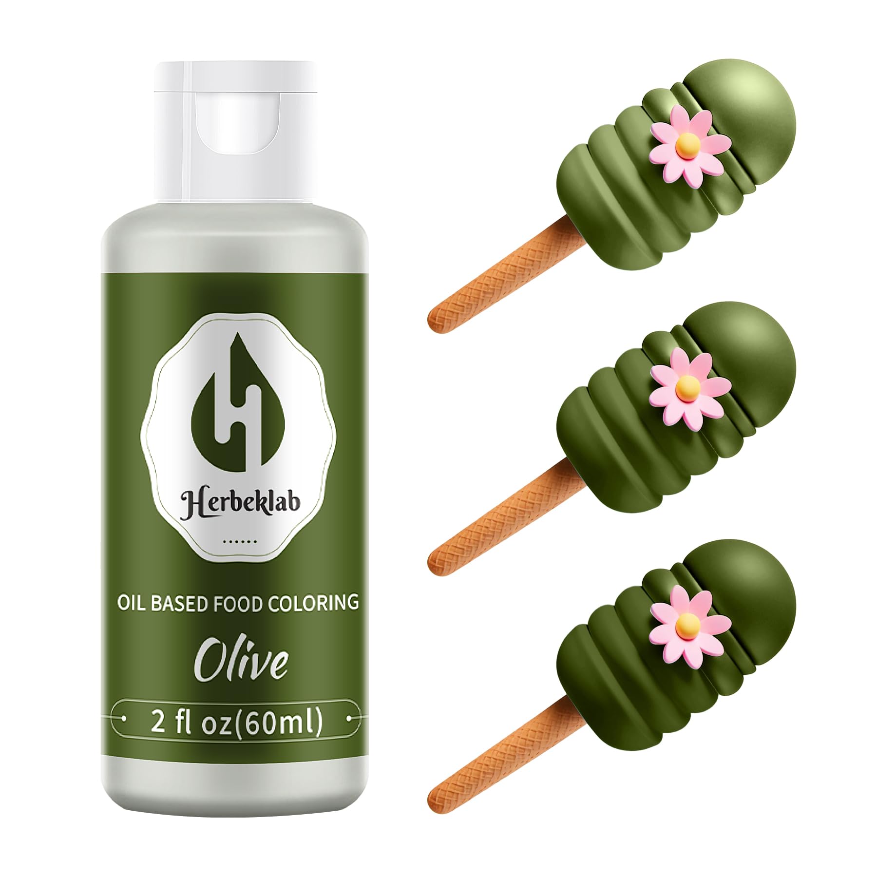 Herbeklab Olive Oil Based Food Coloring, 2 Fl Oz Concentrated Olive Green Dye for Melting Chocolate, Candy Melts, Cake Pops, Strawberries