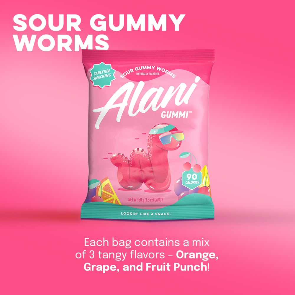 Alani Gummis Sour Gummy Worms Low Sugar Gummy Candy (6G) | 90 Calories per Bag | On-The-Go Snacks | Gluten Free | 6G of Fiber |