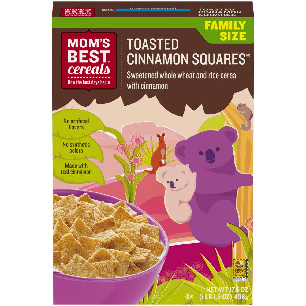 Mom's Best Toasted Cinnamon Squares Cereal, Made with Whole Grain, No High Fructose Corn Syrup, Made with Real Cinnamon, Kosher,