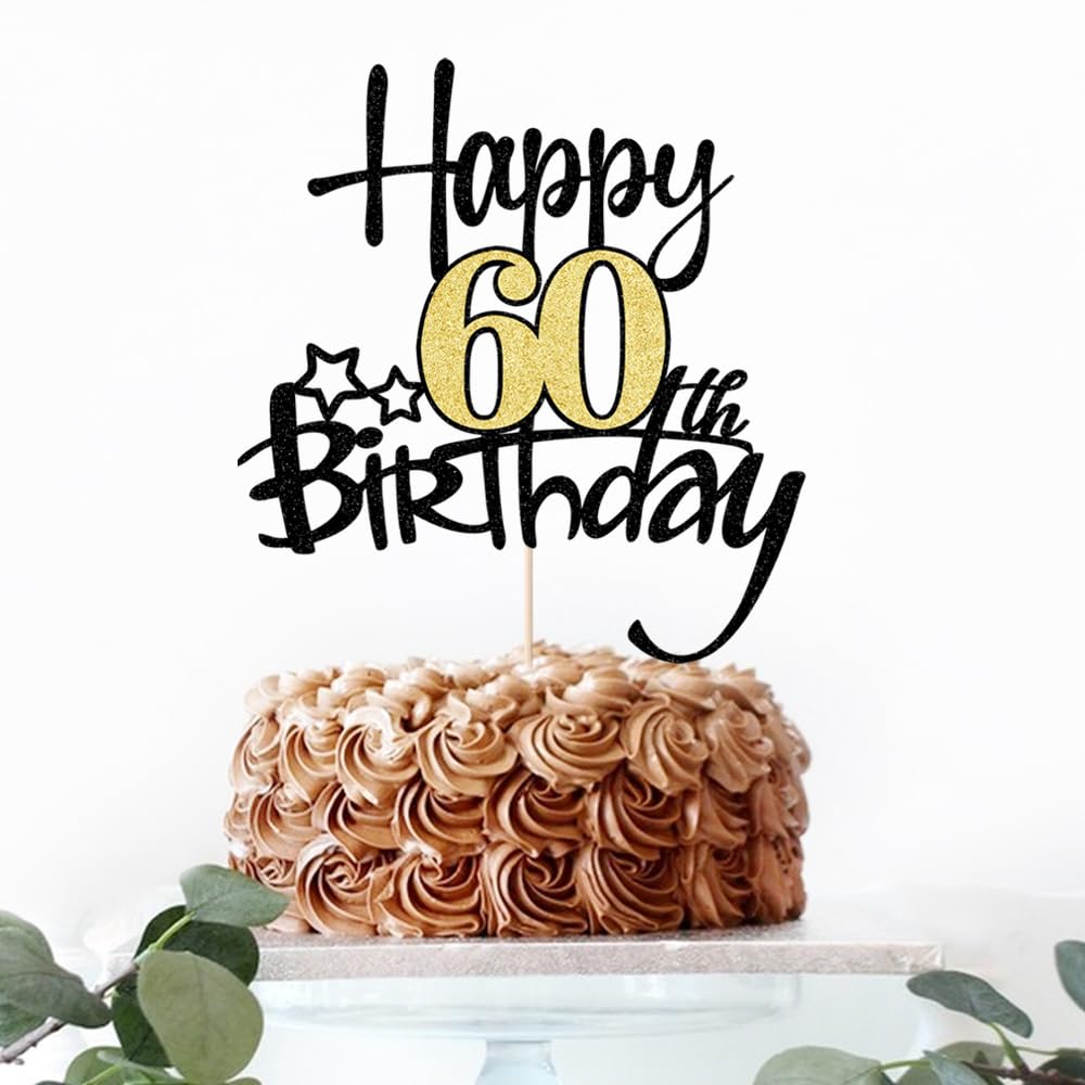 Kaoenla Black Gold Glitter Happy 60Th Birthday Cake Topper - Hello 60/Cheers60,Happy Sixty Birthday Anniversary,60Years Old Birt