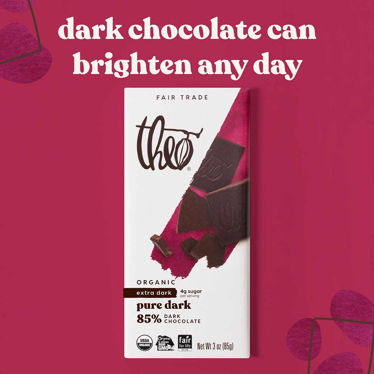 Theo Chocolate Pure Organic Dark Chocolate Bar 85% Cacao, 6 Pack | Vegan, Fair Trade