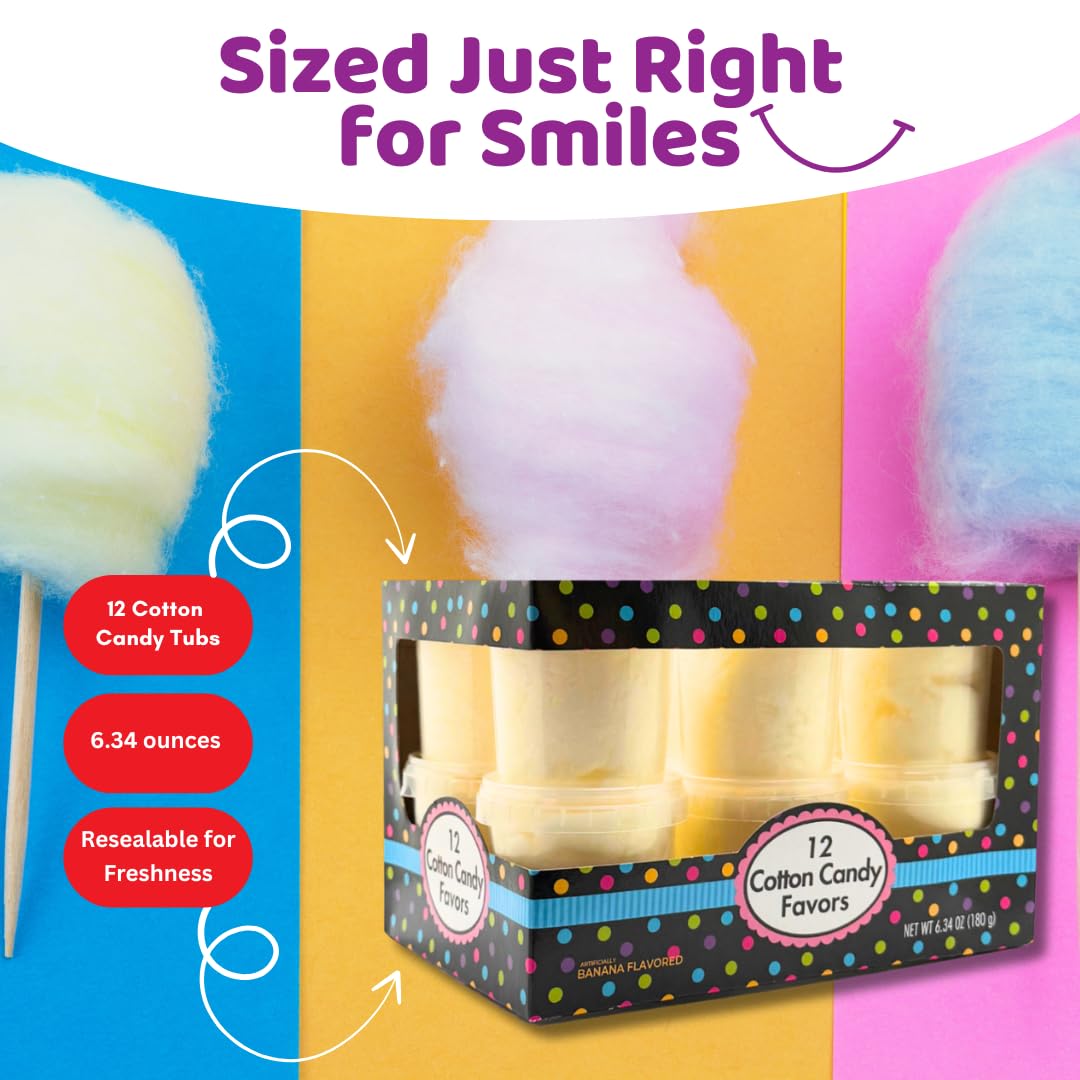 Alberts Cotton Candy – 12 Pack – Yellow Fluffy Sweet Treat – Resealable Tubs – Perfect For Parties & Events (Banana)