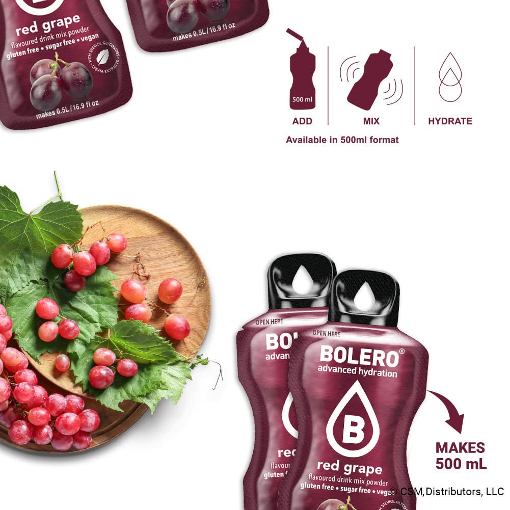 Bolero- Sugar Free Drink Mix Packets Red Grape Fruit Flavors | Powdered Flavored Water Packets | 36 Small Sachet On The Go Packe