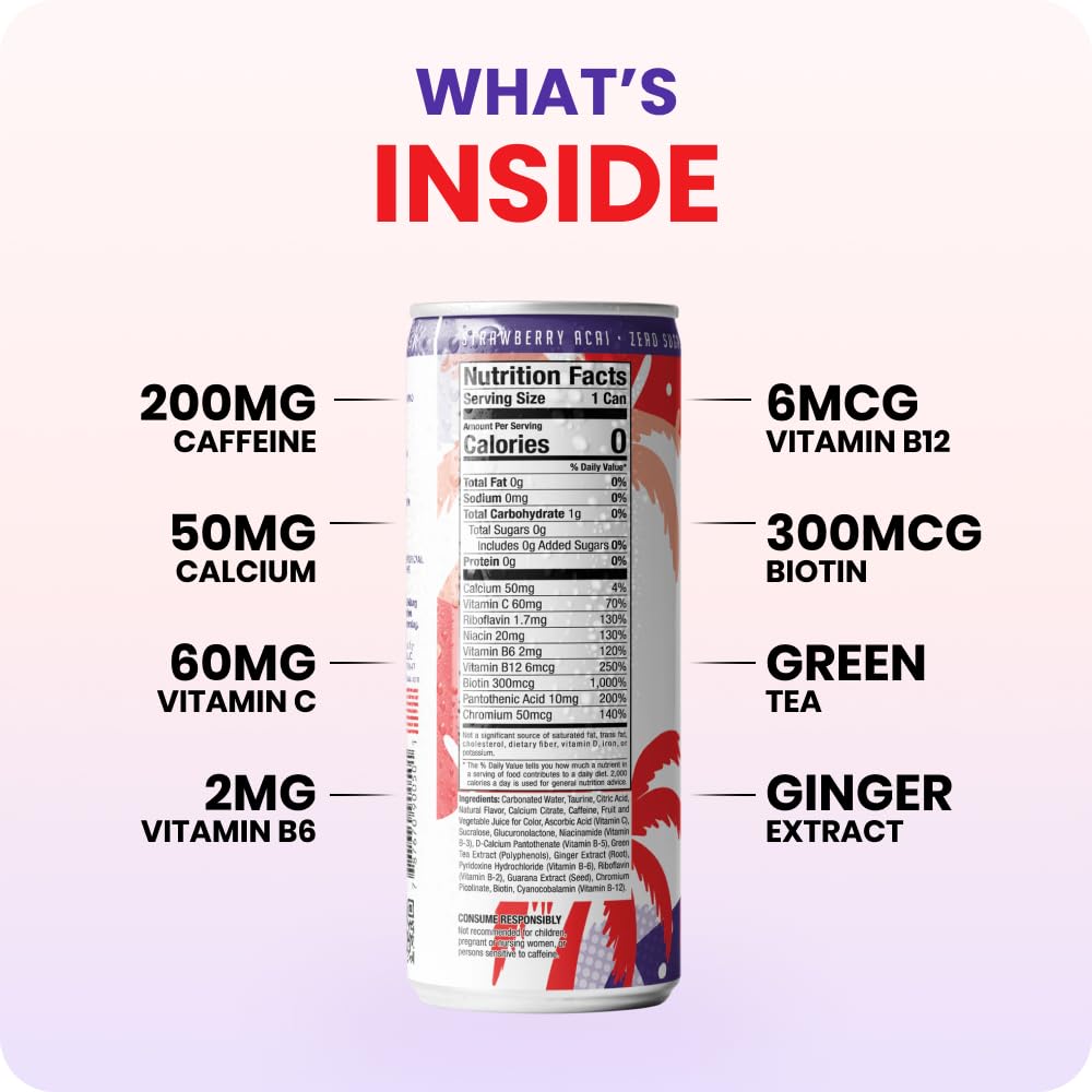FitTea Healthy Energy Drink 12 Fl Oz - Strawberry Aai Sparkling Refresher (12 Pack) Natural Green Tea Energy Drinks Sugar Free