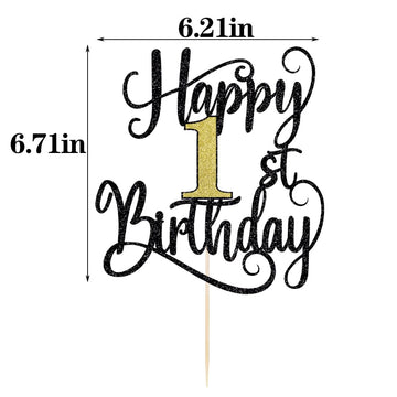 Happy 1Th Birthday Cake Topper, 1 Birthday Party Cake Decorations (Black And Gold Flashes, 1St)