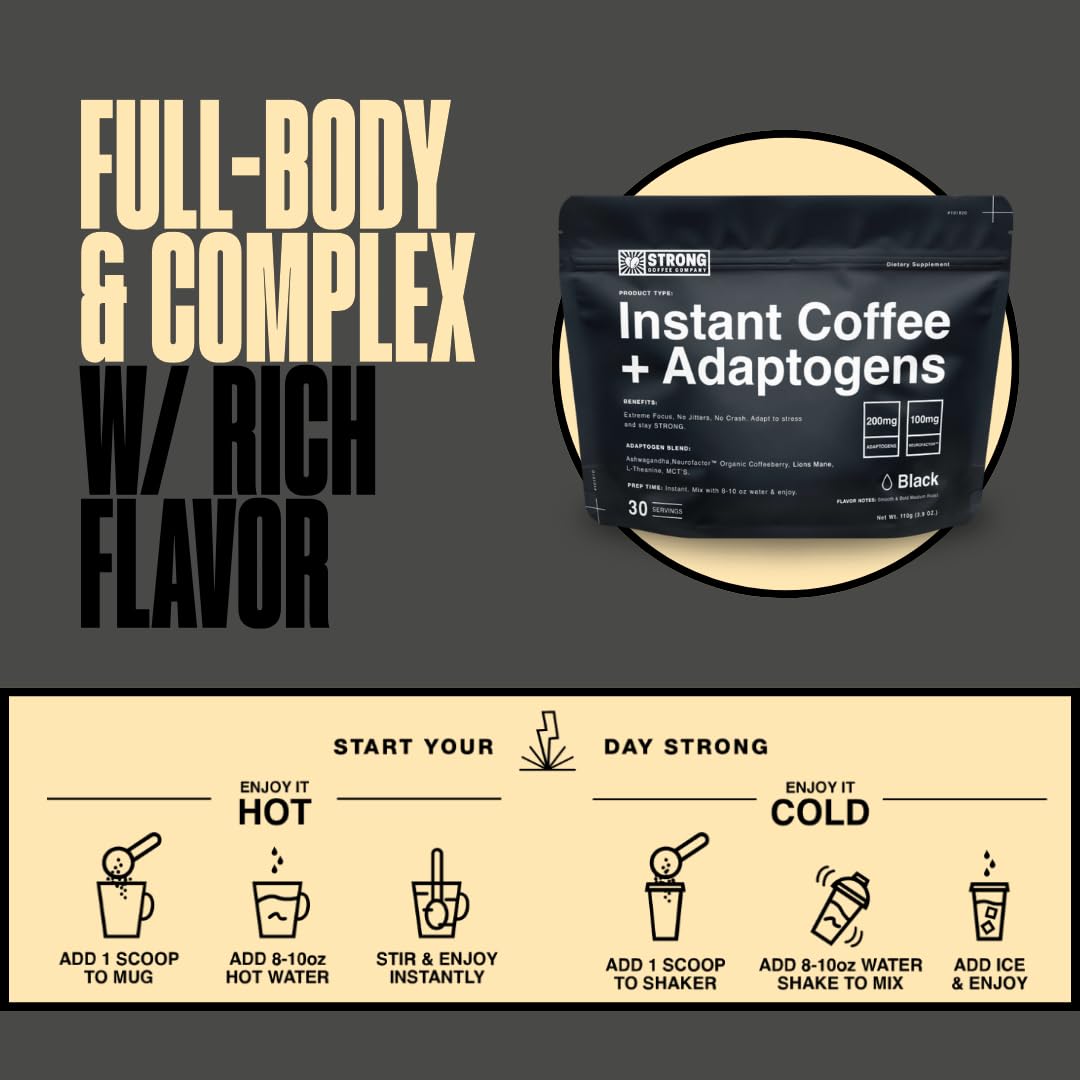 Strong Coffee Company, Instant Black Coffee - 30 Servings, Extreme Focus, Adaptogen Coffee, No Jitters, No Crash