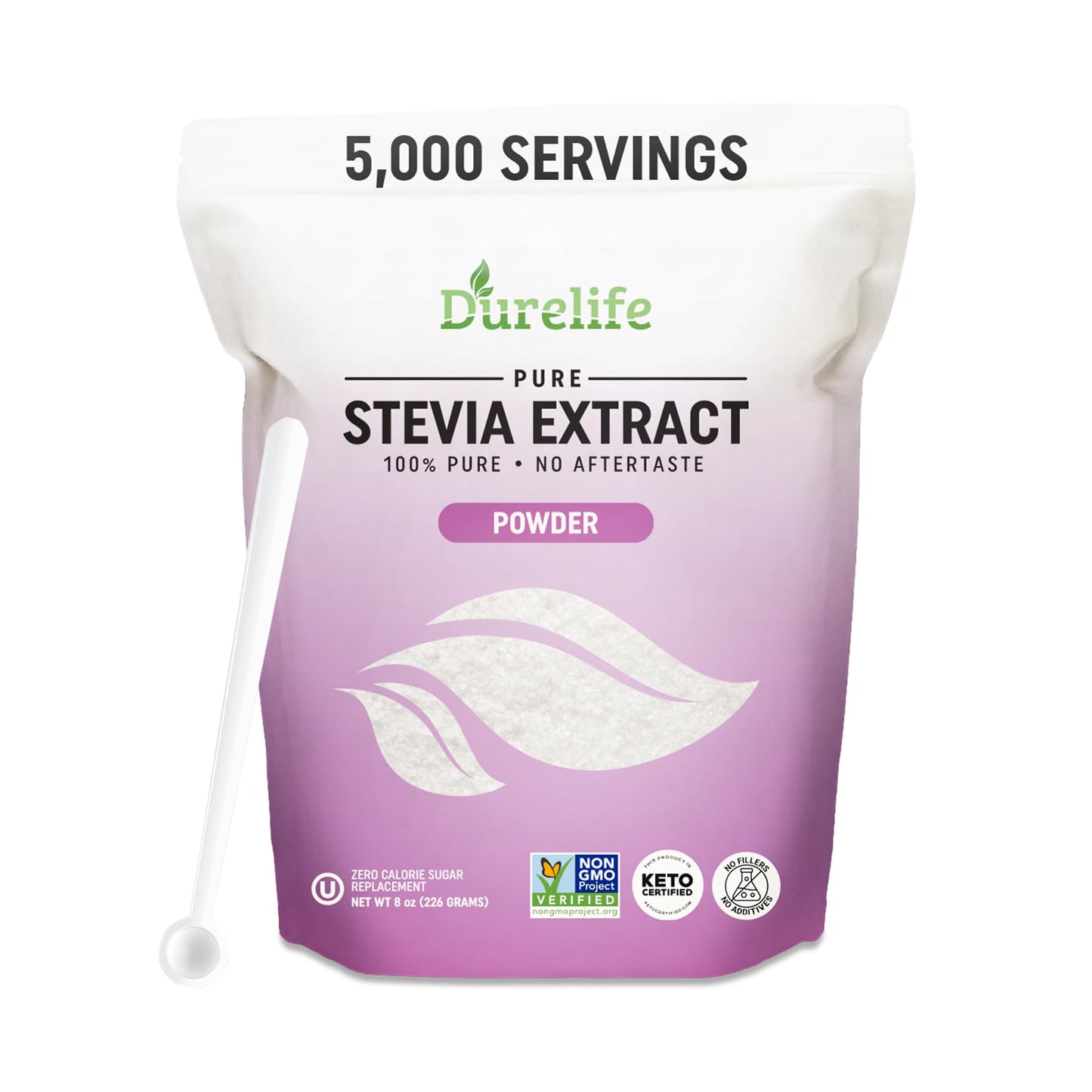 DureLife Stevia Extract Sweetener, 100% Pure, No Erythritol, 8 oz, Non-GMO, Zero Calorie, Micro-Spoon Included