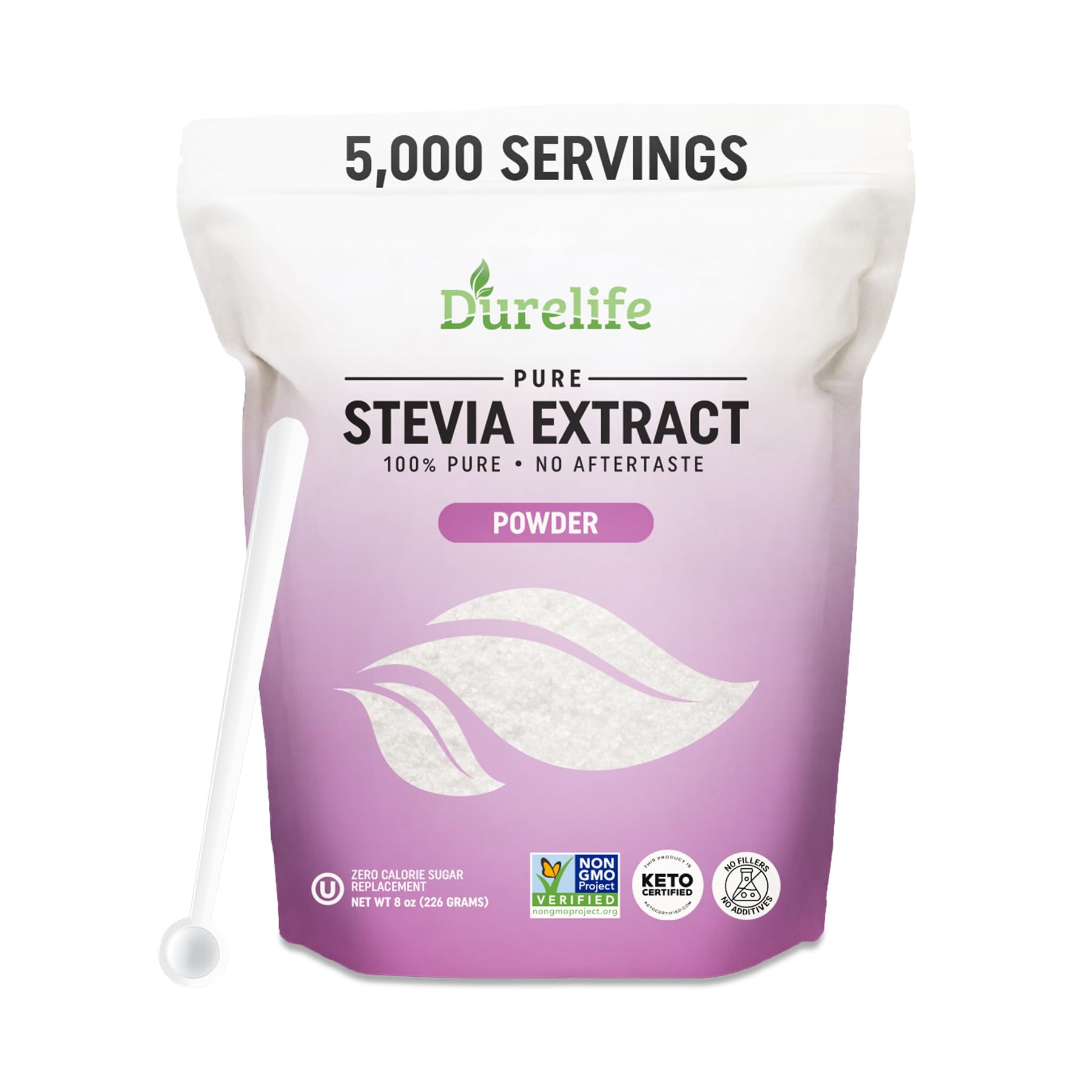 DureLife Stevia Extract Sweetener, 100% Pure, No Erythritol, 8 oz, Non-GMO, Zero Calorie, Micro-Spoon Included