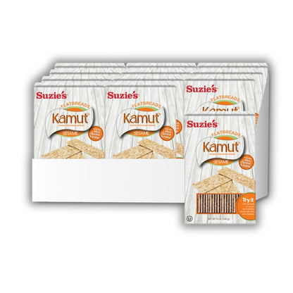 Suzies Kamut Sesame Flatbread Crackers| Pack of 12 | Low-Fat & Vegan, Kosher, Whoelgrain | Low Carb Healthy Snack Option | 4.5 