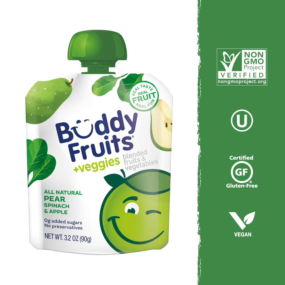 Buddy Fruits & Veggies Snacks To Go Pear Spinach Unsweetened Applesauce 3.2Oz Pouch (18Pk) Gluten-Nut-Dairy-Preservatives-Bpa Fr