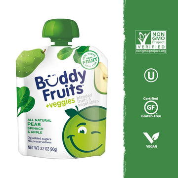 Buddy Fruits & Veggies Snacks To Go Pear Spinach Unsweetened Applesauce 3.2Oz Pouch (18Pk) Gluten-Nut-Dairy-Preservatives-Bpa Fr