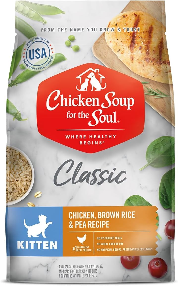 Chicken Soup For The Soul All Natural Enhanced Dry Kitten Food, Real Meat First Ingredient, No By-Products, Supports Brain & Vision Development, Chicken, Brown Rice & Pea, 12Lb
