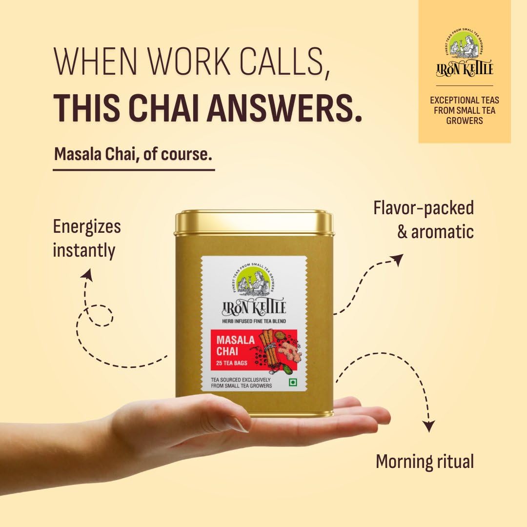 Iron Kettle Masala Chai | Enhanced Assam Ctc Tea Bag Blended With Natural Spices For Strong & Spicy Sweet Flavor | Sourced Limited Availabilityly From Small Tea Growers With Higher Fine Leaf Count | 25 Tea Bags