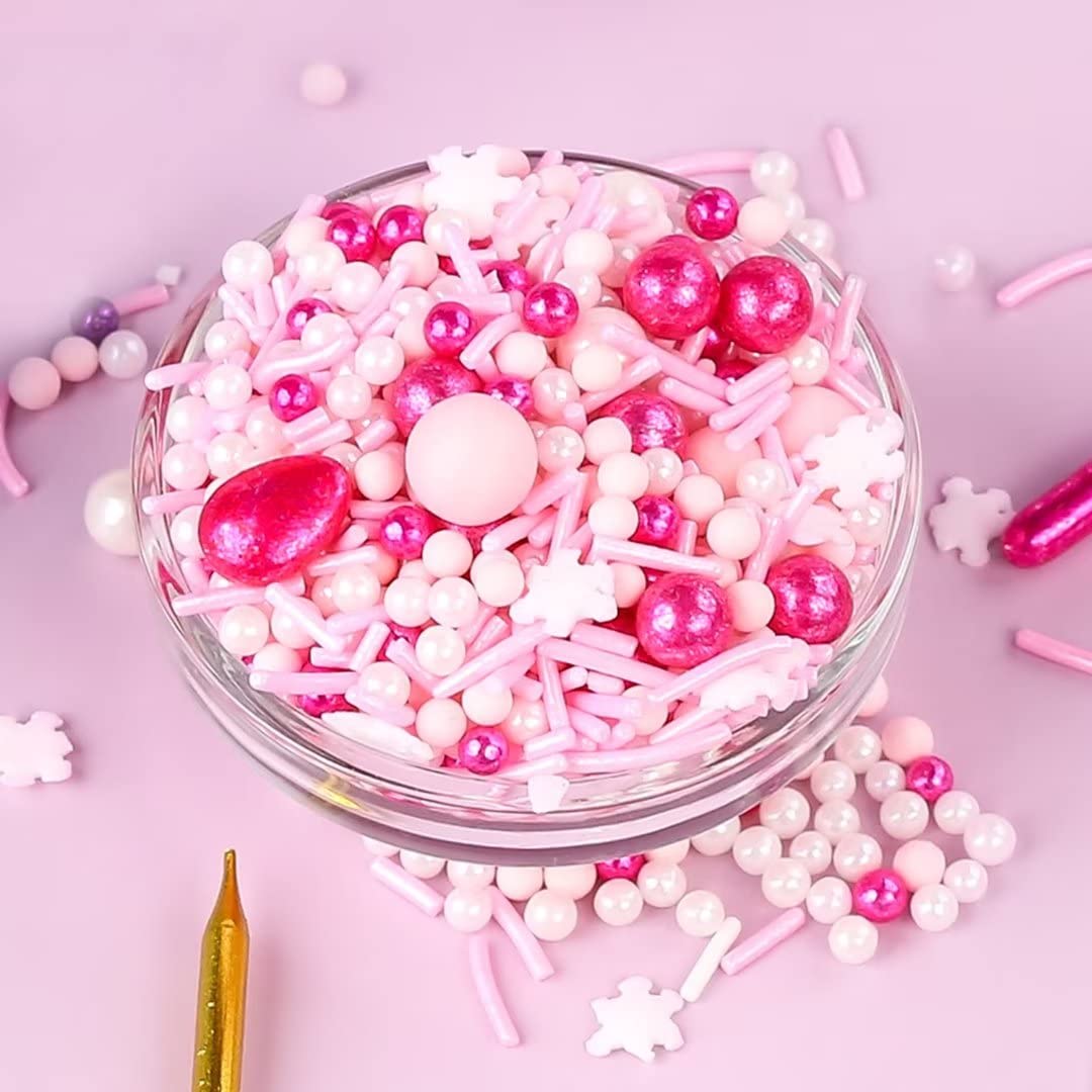 Pink Sprinkles for Cake Decorating 7oz - Snowflake Sprinkles - Metallic Sprinkle Mix for Cookies, Ice Cream, Cupcakes Topper - R