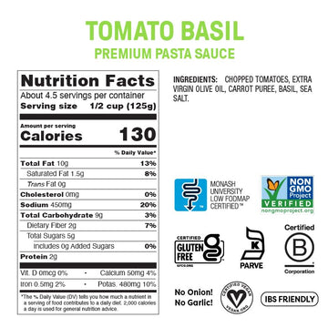 Fody Foods Tomato Basil Pasta Sauce, 19.4 Oz, Garlic and Onion Free, Low FODMAP Certified, Gut & IBS Friendly, Vegan, Non-GMO, G